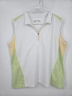 TEHAMA White Sleeveless Polo with Light Green and Pale Yellow Accents XL